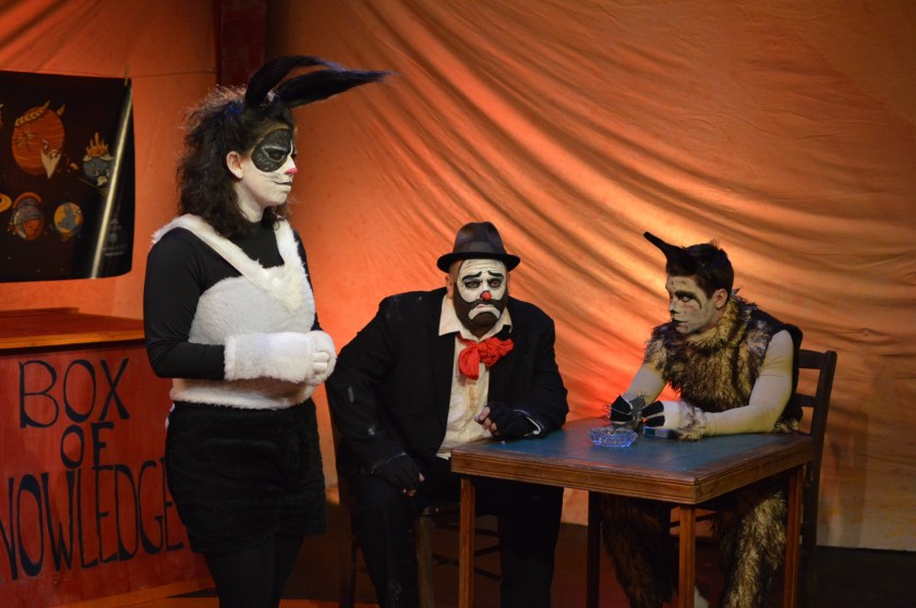 Appearing in MadLab’s production of Clowntime Is Over are (from left) Shana Kramer as Susie the Bunny, Andy Batt as Max and Chad Hewitt as Tidy the Llama (photo by Michelle DiCeglio)