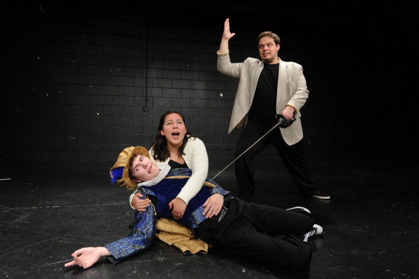 Benjamin Folts, Grace Hoover and Evan Moore-Coll (from left) share a scene in Otterbein Summer Theatre’s production of Invention of Theater (photo by Ed Syguda)