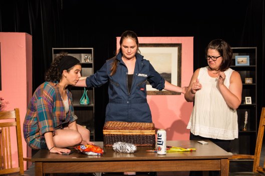 Shana Kramer, Cat McAlpine and Kyle Jepson (from left) in MadLab’s world premiere of Scritch Scritch by Christopher Lockheardt (photo by Michelle DiCeglio)