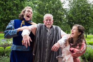 Appearing in Actors’ Theatre’s production of The Miser are (from left) Danny Turek as Cleante, Ted Amore as Harpagon and Elizabeth Harelik as Elise (photo by Nick Pershing)