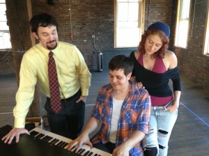 Appearing in tick, tick…Boom! are (from left) Christopher Storer as Michael, Jonathan Collura as Jon and Kaitlin Descutner as Susan (photo by Zach Hartley)