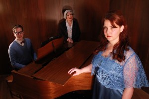 Maria Callas (Ilona Dulaski, center) gives a lesson to Sharon Graham (Sara Pardo) with help from her Accompanist (Quinton Jones) in Master Class (photo by Ben Sostrom)