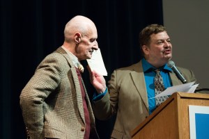 Critic Michael Grossberg prepares to present a Roy Bowen Lifetime Achievement Award to Ed Graczyk