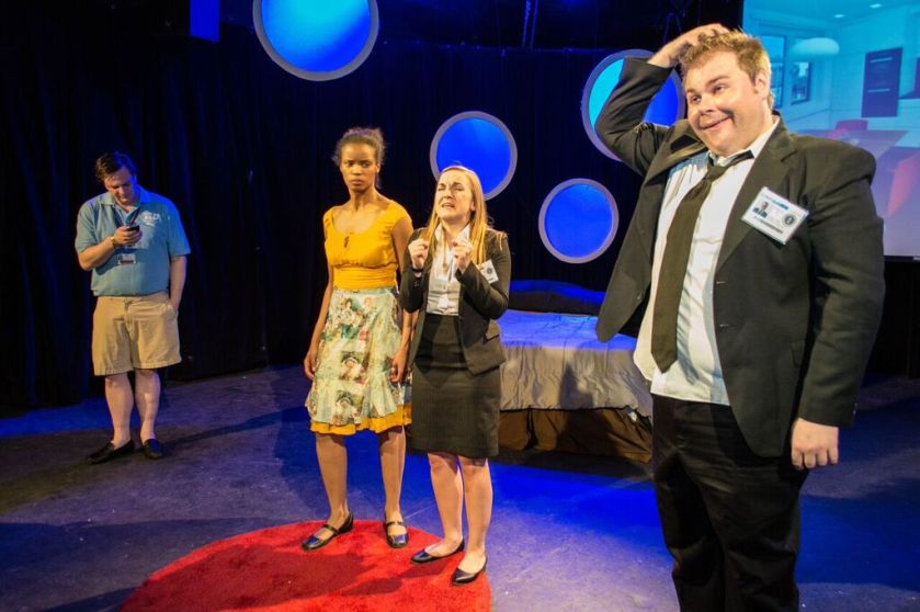 Appearing in The NSA’s Guide to Sex and Love are (from left): Scott Clay as Chuck, Alanna G. Rex as Daisy, Colleen Dunne as Gabrielle and Scott Douglas Wilson as Tom (photo by Michelle Diceglio)