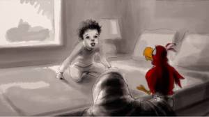 The film uses original animation to bring to life the characters Owen has imagined on his own.